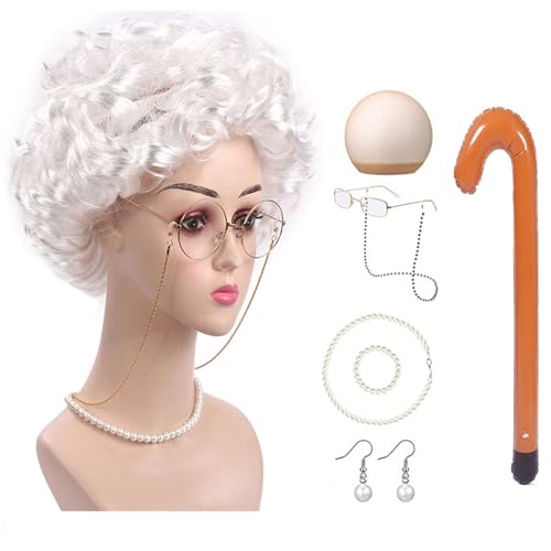 NPXUAMTJ 100 Days Of School Old Lady Kostüm Set Halloween Oma Kostüm Set Oma Brille Halskette Ohrringe für Mädchen Kinder von NPXUAMTJ