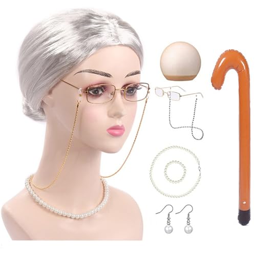 NPXUAMTJ 100 Days Of School Old Lady Kostüm Set Halloween Oma Kostüm Set Oma Brille Halskette Ohrringe für Mädchen Kinder von NPXUAMTJ