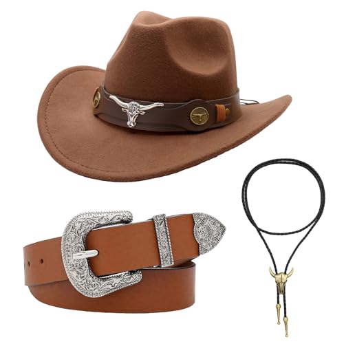 NPXUAMTJ 3pcs Cowgirl Kostümzubehör Für Erwachsene Frauen Hüte Schnalle Gürtel Halskette Set Western Cowgirls Outfits Kits Western Baby Outfits von NPXUAMTJ