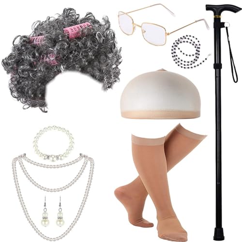 NPXUAMTJ Halloween Kostüm Set Old Lady Kostüm Outfit Perücke Brille Und Perlenhalskette Requisiten Für Mädchen von NPXUAMTJ