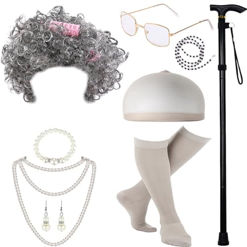 NPXUAMTJ Halloween Kostüm Set Old Lady Kostüm Outfit Perücke Brille Und Perlenhalskette Requisiten Für Mädchen von NPXUAMTJ