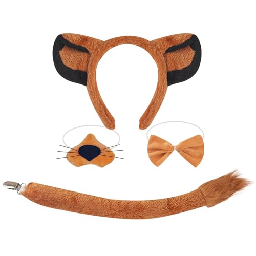 NPXUAMTJ Schöne Hunde Stirnband Set Plüsch Tierisch Schwanz Bowtie Brauner Maschenrock Löwen Haare Haar Hoop Set Für Halloween Cosplay Party von NPXUAMTJ