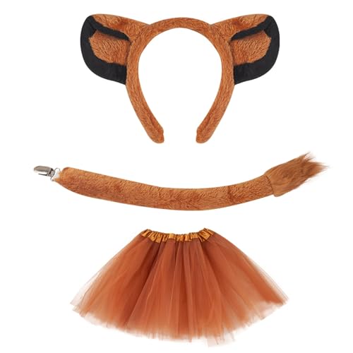 NPXUAMTJ Schöne Hunde Stirnband Set Plüsch Tierisch Schwanz Bowtie Brauner Maschenrock Löwen Haare Haar Hoop Set Für Halloween Cosplay Party von NPXUAMTJ
