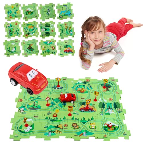 25 Teile Puzzle Track Carplay Set, Puzzle Bahn Spielzeug mit Fahrzeugen Puzzle Rennstrecken DIY Puzzles zum Zusammenbauen Pädagogische Puzzle Bahn für Kinderspiele Geschenkspielzeug von NQEUEPN