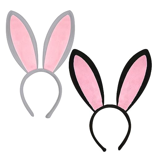 2stk Hasenohren-Stirnband, Plüschohren-Stirnband für Kinder Erwachsene Niedlich Kaninchen-Haarbänder Hasenohren-Kostüm für Halloween Ostern Cosplay Anziehparty (Grau, Schwarz) von NQEUEPN