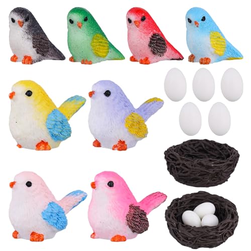 NQEUEPN Mini Vögel Kunstharz, Mehrfarbige Miniaturvögel mit 5 Nestern und 15 Eiern, Dekorative Mini-Vögel Spielzeug, Dekoratives für Garten, Landschaft, Heimdekoration von NQEUEPN