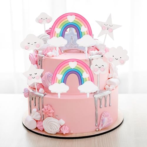 8 Stk Regenbogen Kuchen Dekor Set, Niedlicher Keramik Tortendeko Wolken Regenbogen sternwolkenförmiger Kuchenaufsatz für Mädchen Kleinkinder Geburtstag Hochzeit Babyparty von NQEUEPN