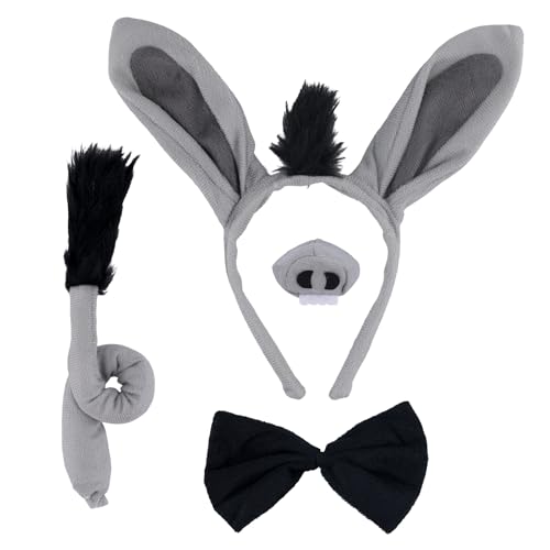 NQEUEPN 4 Stück Esel Kostüm Zubehör Set, Lustig Süß Eselsohren-Stirnband Nase Schwanz Fliege Tier-Verkleidungs-Outfit Halloween Weihnachtsfeier Cosplay Set für Erwachsene Kinder Mädchen, Jungen NQEUEPN 4 Stück Esel Kostüm Zubehör Set, Lustig Süß Eselsohren-Stirnband Nase Schwanz Fliege Tier-Verkleidungs-Outfit Halloween Weihnachtsfeier Cosplay Set für Erwachsene Kinder Mädchen, Jungen von NQEUEPN