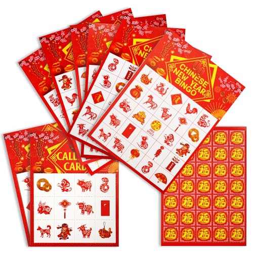 NQEUEPN Chinesische Neujahrs Bingo Spiele, Neujahrs Bingo Neujahrs Bingo Spiele Bingo Karten Bingospiele für 24 Spieler Chinesische Neujahrsaktivität für Familie Freunde Partyzubehör Dekorationen von NQEUEPN