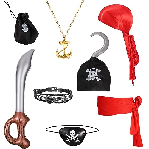 NQEUEPN Halloween Piraten Kostüm Set, 8-Teilig Piraten Kostüm Zubehör Kinder Einschließlich Augenklappe Rotes Kopftuch Anker-Halskette Piratenhaken Roter Stoffgürtel Geflochtenes Armband für Woman von NQEUEPN