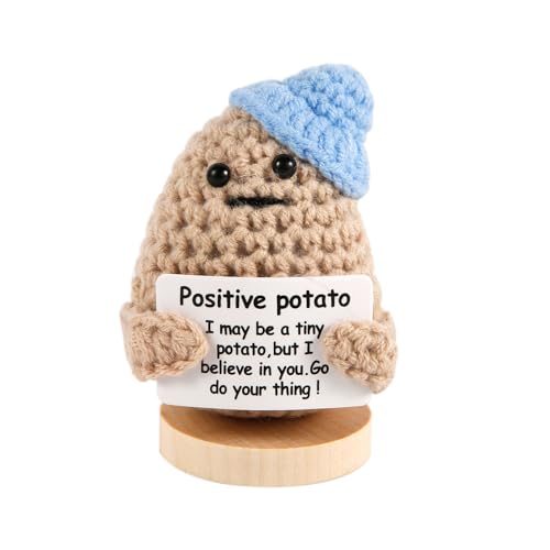 NQEUEPN Lustige Mini Kartoffeln, Süße Weich Gestrickte Kartoffelpuppen aus Wolle mit Positiven Karten und Holzsockel zur Raumdekoration als Ermutigungsgeschenk (Blauer Hut) von NQEUEPN