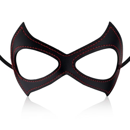 Schwarze Augenmaske für Damen, Halloween-Catwoman-Maske Schwarze Maske Catwoman-Kostüm Halloween-Party-Kostümzubehör für Cosplay-Kostüm (Rote Nähte) von NQEUEPN