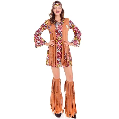 NQYZZFD Cosplay Indische Quasten Kostüme Set Damen Peace Love Hippie Weihnachten 1960er Jahre Bühnenauftritt Halloween Kleid Karneval Party Cosplay Kostüme,L,Brown von NQYZZFD