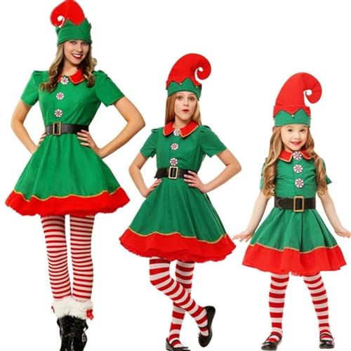 NQYZZFD Weihnachten Weihnachtsmann Kostüm Grüne Elfe Cosplay Familie Karneval Fancy Party Neujahr Kostüm Kleidung Set Für Männer Frauen Mädchen Jungen,100cm,Women von NQYZZFD