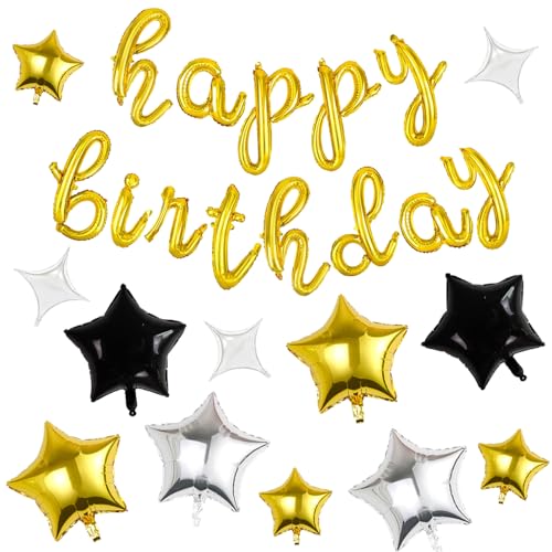 Happy Birthday Banner Script Gold Letter Zeichen mit 12 PCS Schwarz Gold Silber Stern Folie Mylar Ballon für Geburtstag Party Dekoration Happy Birthday Banner Script Gold Letter Zeichen mit 12 PCS Schwarz Gold Silber Stern Folie Mylar Ballon für Geburtstag Party Dekoration von NQZWZB