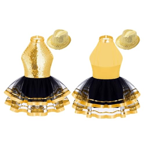NRBMZYEN Tanzkostüme für Mädchen, Tanz-Performance-Kostüme, ärmelloses Tutu-Kleid mit Hut-Sets, Gold, 4 NRBMZYEN Tanzkostüme für Mädchen, Tanz-Performance-Kostüme, ärmelloses Tutu-Kleid mit Hut-Sets, Gold, 4 von NRBMZYEN