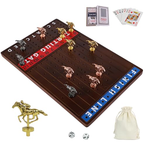 NRZSSN - Pferderennen Brettspiel mit 11 luxuriösen, langlebigen klassischen Metallpferden mit 4 Würfeln und 2 Kartenschachteln aus dickem Massivholz für Pferderennen (Walnuss, NRZSSN - Pferderennen Brettspiel mit 11 luxuriösen, langlebigen klassischen Metallpferden mit 4 Würfeln und 2 Kartenschachteln aus dickem Massivholz für Pferderennen (Walnuss, von NRZSSN