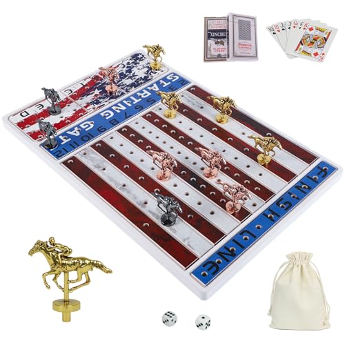 NRZSSN - Pferderennen-Brettspiel mit 11 luxuriösen langlebigen klassischen Metallpferden mit 4 Würfeln und 2 dicken Massivholz-Kartenboxen (Rechteck) von NRZSSN