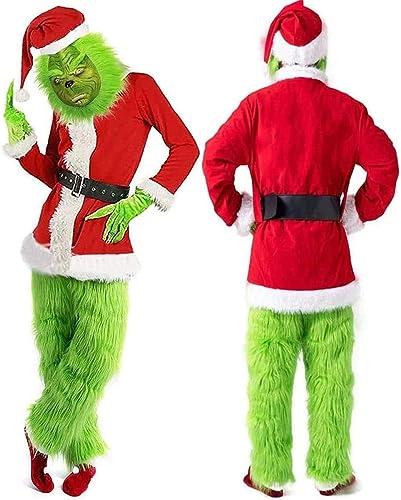 NSASL 7-teiliges Weihnachtskostüm For Erwachsene,Grinch Deluxe Weihnachtsmann-Kostüm Mit Maske Weihnachtstag Party Kostüm Ball Cosplay (Color : A, Size : XX-Large) von NSASL