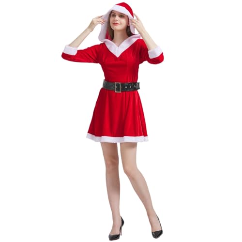 NSASL Damen Weihnachtsmann Kostüm,Rotes Samt Hoodie Kleid Mit Gürtel Sexy Weihnachts Cosplay Anzug (Color : A, Size : S) von NSASL
