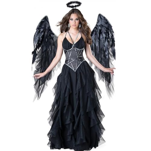 NSASL Halloween Cosplay Kostüm,Damen Engelkostüm Vampir Dunkler Engel Cosplay Hexenkleid Halloween Kleider Mit Flügeln (Color : A, Size : L) von NSASL
