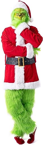 NSASL Weihnachten Cosplay Grinch Kostüm for Erwachsene Männer,7pcs Weihnachten Outfit Xmas Deluxe Grün Santa Anzug Cosplay Verkleidung (Color : A, Size : 3XL) von NSASL