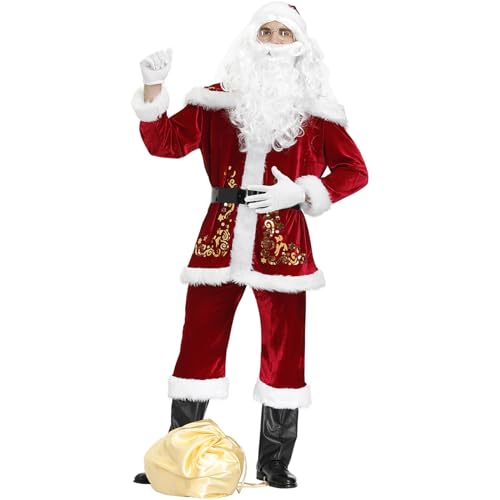 NSASL Weihnachts Weihnachtsmann Kostüm,9-teiliges Weihnachtsset For Herren,Deluxe Samt Weihnachtsmann Cosplay Kostüm (Color : A, Size : L) von NSASL