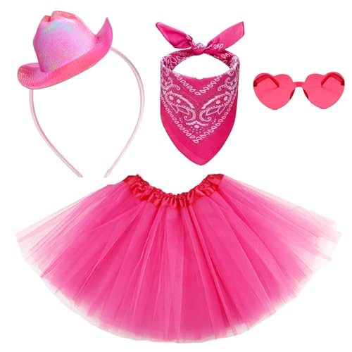 Cowgirl-Hut, Stirnband, Tutu-Set, Tutu-Set für Erwachsene, mit Mini-Cowboy-Stirnband, Herz, Brille, Bandana, Halloween, Party, Kostüm, Zubehör-Set (Hot Pink Cowgirl-Hut, Stirnband) von NSODREEM