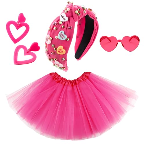 NSODREEM Hot Pink Tutu-Set – Tutus für Erwachsene für Frauen mit Valentinstag-Herz-Stirnband, Ohrringen, Sonnenbrille, Schmuckzubehör, Geschenke (Hot Pink Heart Stirnband) von NSODREEM