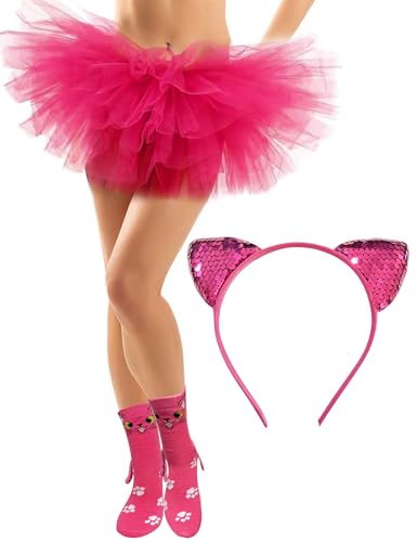 NSODREEM Katzen-Glitzer-Haarbänder, Tutu-Set, 5-lagig, Tutus für Erwachsene, niedliches Katzen-Stirnband, Herz-Brille, Gabby Partyzubehör, Geburtstagszubehör für Frauen, Halloween, Knallpink (Hot Pink NSODREEM Katzen-Glitzer-Haarbänder, Tutu-Set, 5-lagig, Tutus für Erwachsene, niedliches Katzen-Stirnband, Herz-Brille, Gabby Partyzubehör, Geburtstagszubehör für Frauen, Halloween, Knallpink (Hot Pink von NSODREEM