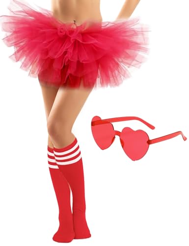 NSODREEM Rotes Tutu-Kostüm-Zubehör-Set, 5-lagig, Tutus für Erwachsene, mit Herz, Sonnenbrille, kniehohe Socken, bunt, Partyzubehör (rot) von NSODREEM