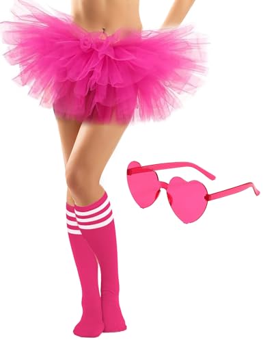 NSODREEM Tutu-Kostüm-Zubehör-Set, 5-lagig, Tutus für Erwachsene, mit Herz, Sonnenbrille, kniehohe Socken, bunt, Partyzubehör (Hot Pink) von NSODREEM