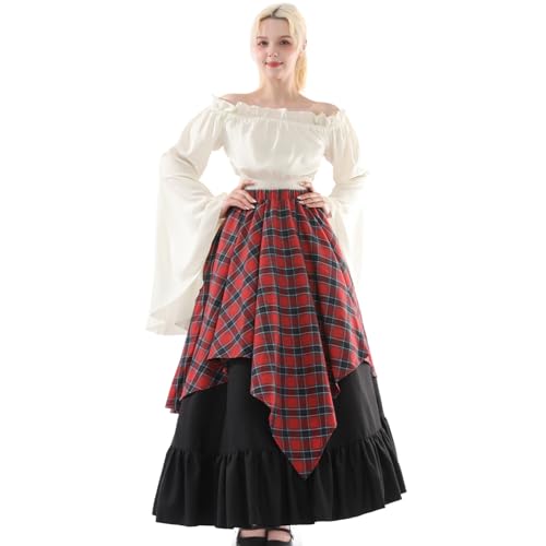 NSPSTT Damen Renaissance Mittelalter Kostüm Viktorianisches Kleid Schottisches Kleid, Rotes Karomuster, XXL von NSPSTT