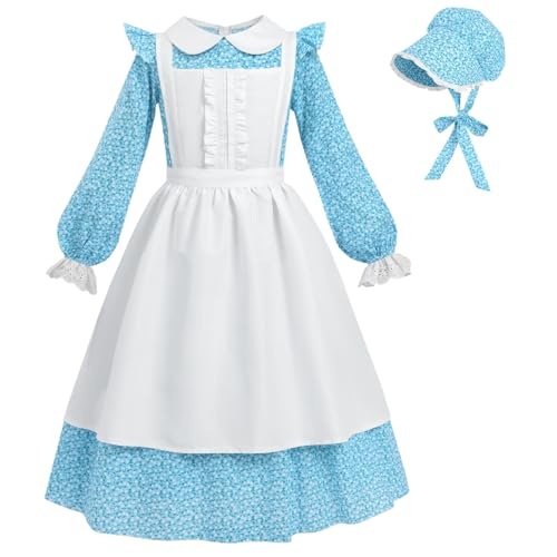 NSPSTT Kolonialkostüm für Mädchen, Pionierkleid für Mädchen, Pilgerkostüm für Mädchen, 1800er-Jahre-Kleid, blau, Alter 4 + NSPSTT Kolonialkostüm für Mädchen, Pionierkleid für Mädchen, Pilgerkostüm für Mädchen, 1800er-Jahre-Kleid, blau, Alter 4 + von NSPSTT