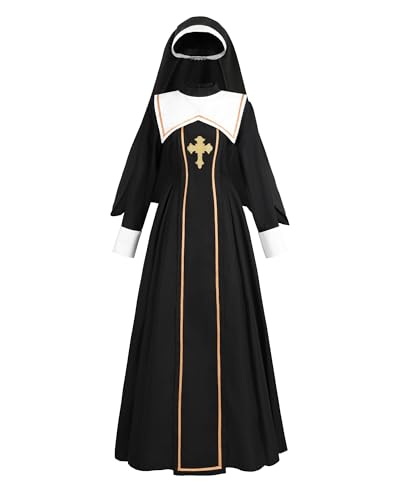 NSPSTT Nonnenkostüm für Damen, Erwachsene, Halloween, Kostüm, Schwarz und Kopfbedeckung für Cosplay-Party, Größe S von NSPSTT