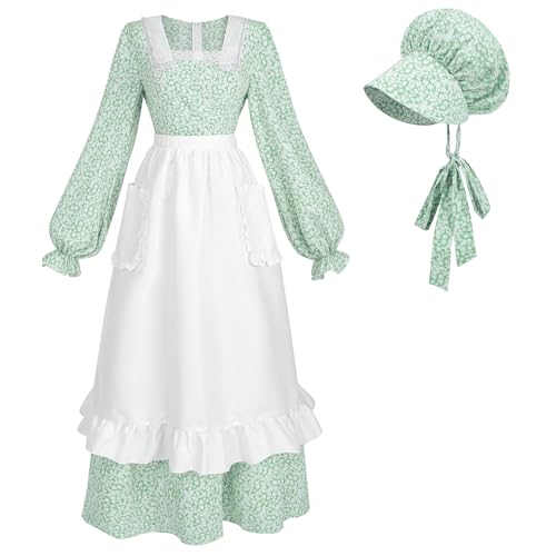 NSPSTT Prärie-Kleid für Damen, Pionier-Kostüm, Kolonial-Kostüm, Blumenmuster, 3-teiliges Set, Green-b, S NSPSTT Prärie-Kleid für Damen, Pionier-Kostüm, Kolonial-Kostüm, Blumenmuster, 3-teiliges Set, Green-b, S von NSPSTT