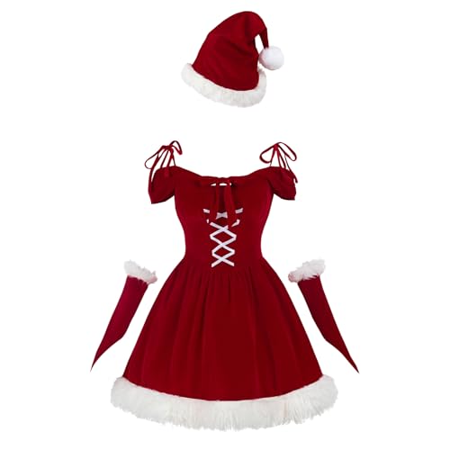 NSPSTT Samt Weihnachtskleid für Frauen Weihnachtsmann Kostüm mit Hut Mädchen Weihnachten Party Kleid Rot, Rot/Ausflug, einfarbig (Getaway Solids), L von NSPSTT
