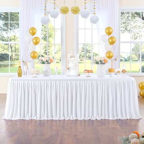 427cm Weiß Polyester Tischröcke für Rechteck Tische, Faltenfreie Rüschen Falten Tuch Tutu Tischrock 14ft für Bankett Hochzeit Geburtstag Baby Dusche Trade Meeting Kuchen Dessert (keine Top Cover) von NSSONBEN