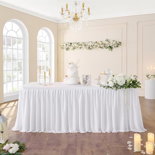 NSSONBEN 183cm White Polyester Table Skirts for Rectangle Tables, Wrinkle Free Ruffle Pleats Cloth Table Skirt for Banquet Wedding Birthday Baby Shower Trade Meeting Cake Dessert Tables(No Top Cover) von NSSONBEN