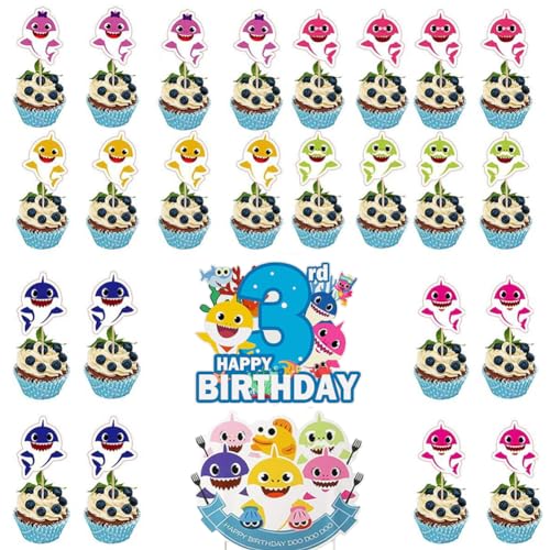 Happy Birthday 3 Jahr Geburtstag Shark Tortentopper,26 Stück Shark Cupcake Topper Set,Baby Hai Geburtstags-Kuchen-Deko,Shark Torte Party Zubehör,Ideal für Kinder Geburtstage und Babypartys von NTEVXZ
