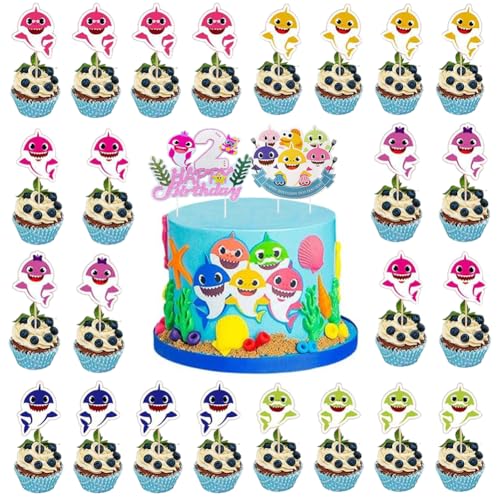 Happy Birthday 2Jahr Geburtstag Shark Tortentopper,26 Stück Shark Cupcake Topper Set,Baby Hai Geburtstags-Kuchen-Deko,Shark Torte Party Zubehör,Ideal für Kinder Geburtstage und Babypartys von NTEVXZ