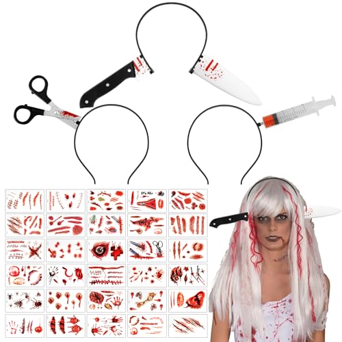 Halloween Horror Haarreif Set- 3 Stück Zombie Stirnbänder 30 PCS Scars Tattoo Sah Blutende Axt Spritze Schere Messer Blutige Haarreif Halloween Lustiges Kostüm Kopf Zubehör für Cosplay Masquerade Deko Halloween Horror Haarreif Set- 3 Stück Zombie Stirnbänder 30 PCS Scars Tattoo Sah Blutende Axt Spritze Schere Messer Blutige Haarreif Halloween Lustiges Kostüm Kopf Zubehör für Cosplay Masquerade Deko von NTGFU