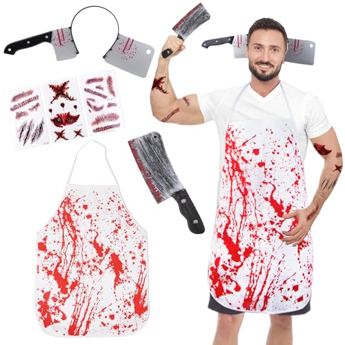 Metzger Kostüm Halloween, Schlächter Kostüm Halloween, Blutige Schürze Halloween, Halloween Kostüm Herren Horror Erwachsene Teenager, Blutiger Hackbeil Kostüm mit Halloween Narben Tattoos Haarband Metzger Kostüm Halloween, Schlächter Kostüm Halloween, Blutige Schürze Halloween, Halloween Kostüm Herren Horror Erwachsene Teenager, Blutiger Hackbeil Kostüm mit Halloween Narben Tattoos Haarband von NTGFU