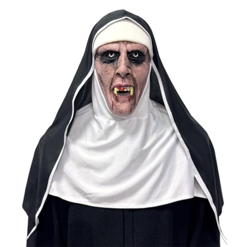 NTSWZYS Realistische böse Nonnenmaske mit Kopftuch, gruselige Nonnen-Kostümmaske mit blutigem Mund für Halloween-Party-Requisiten (Stil 3-Schwarz) von NTSWZYS