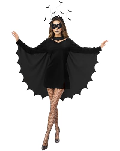 NTYNTY Fledermaus-Kostüm für Damen und Herren, Kapuzenumhang mit Stirnband, Maske und Netzstrümpfen, Einheitsgröße, Fledermausflügel, Cosplay-Outfit für Halloween-Kostüm, Party, Dress Up von NTYNTY