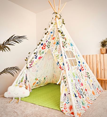 Nubuni Tipi Zelt Für Kinder Flowers | Tippi Kinderzelt Junge | Tippi Kinderzelt Mädchen | Kinder Tipi | Kinder Tipi Zelt | Tippi Kinderzelt Mit Bodenmatte Und Aufbewahrungstasche von NUBUNI