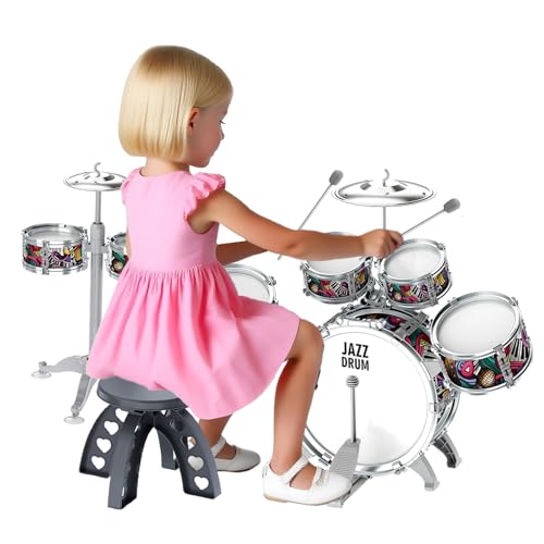 NUC Schlagzeug Kinder 7-teilig mit 2 Becken & Hocker - Trommel Set für Kinder ab 2, 3, 4, 5 Jahren - Musikinstrument, Leicht Aufzubauen & Platzsparend Geburtstag/Weihnachten von NUC