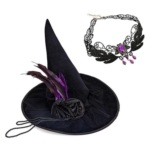 Hexenhut und Strass Halskette Set Damen Halloween Hexenhut Rosen Deko Hut für Party und Cosplay Hexenhut und Strass Halskette Set Damen Halloween Hexenhut Rosen Deko Hut für Party und Cosplay von NUEAYMS