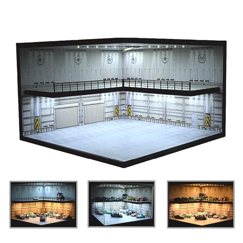1/64 Diorama Auto Garage Modell, Dreifarbige LED-Beleuchtung Parkplatz Szene Modell Display, Diecast Modellautos Szene Vitrine, Stadt Doppeldecker Auto Showroom Garage Modell mit dimmbarer von NUEIOVRW
