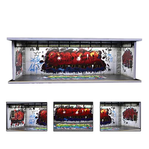 1/64 Diorama Garage Modell, mit LED-Beleuchtung Stadt Auto Showroom Parkplatz Szene Modell, 1/64 Skala Diecast Garage Display Case, für Modell Auto Szene Display, Ideales Spielzeug (Graffiti) von NUEIOVRW